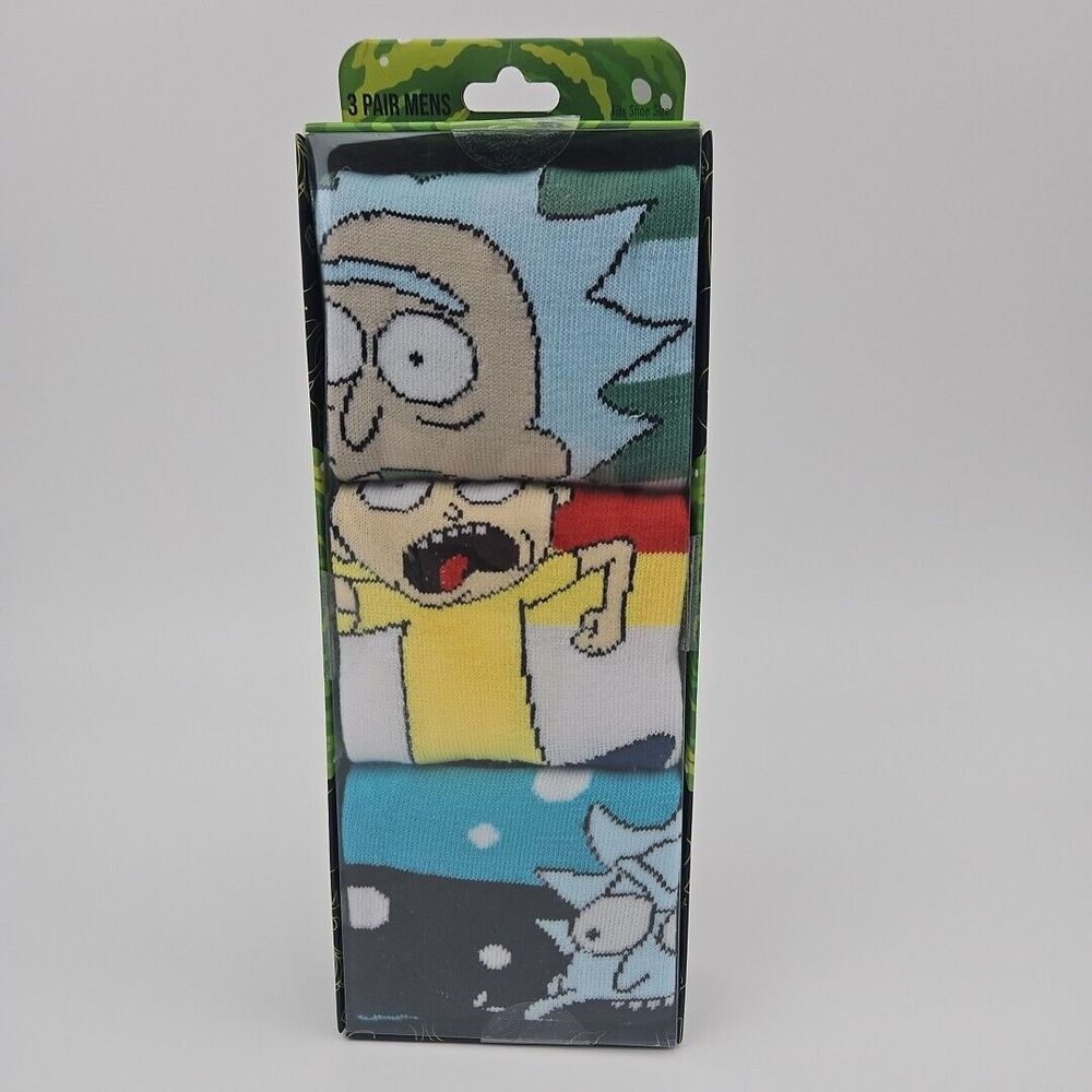 Rick & Morty 3 Pair Crew Socks Size 8-12 Adult Swim Gift New